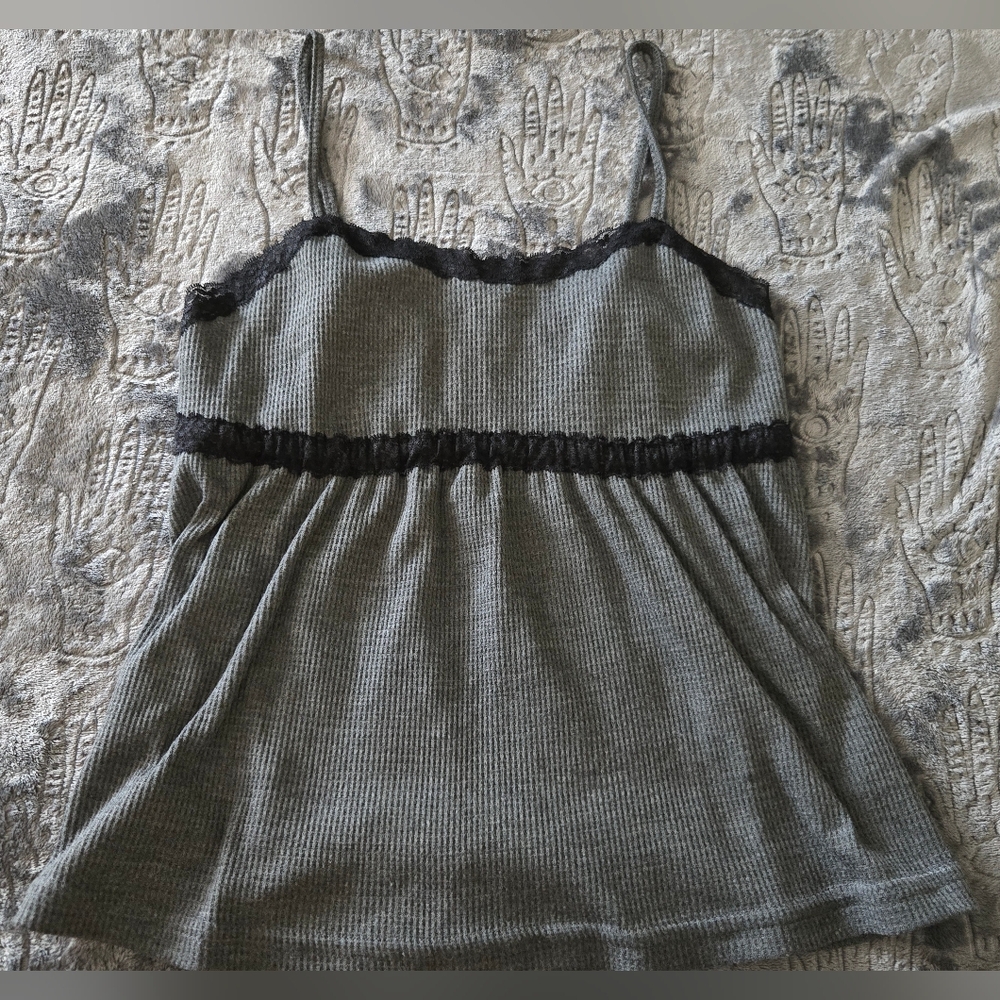 SOLD-ROMWE Gray Tank Top Camisole with Black Lace Trim